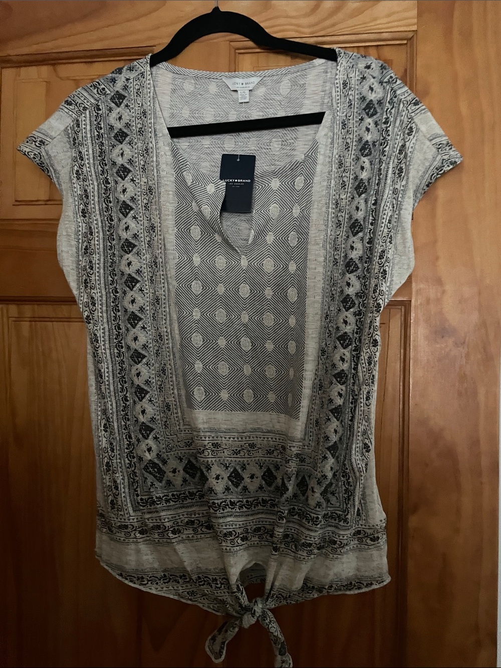 Lucky Brand Cream and Black Printed Tie-Front Top